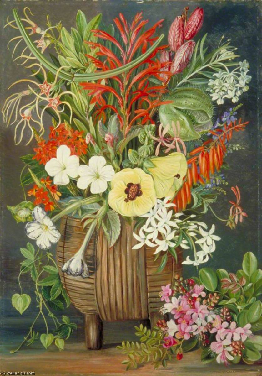 WikiOO.org - Güzel Sanatlar Ansiklopedisi - Resim, Resimler Marianne North - South African Flowers in a Wooden Kaffir Bowl