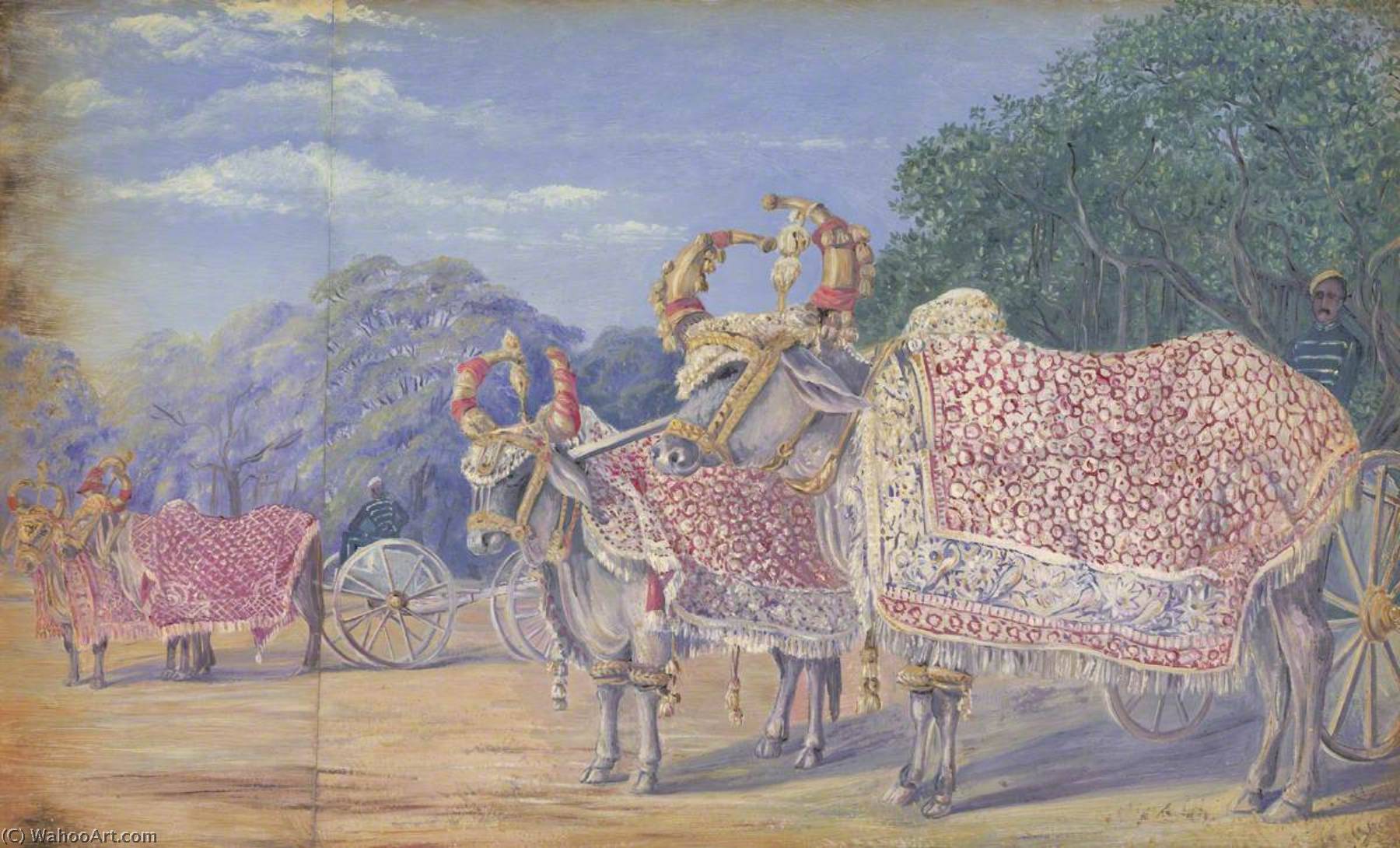Wikioo.org - The Encyclopedia of Fine Arts - Painting, Artwork by Marianne North - Decorated Oxen Drawing State Gun Carriages, Baroda