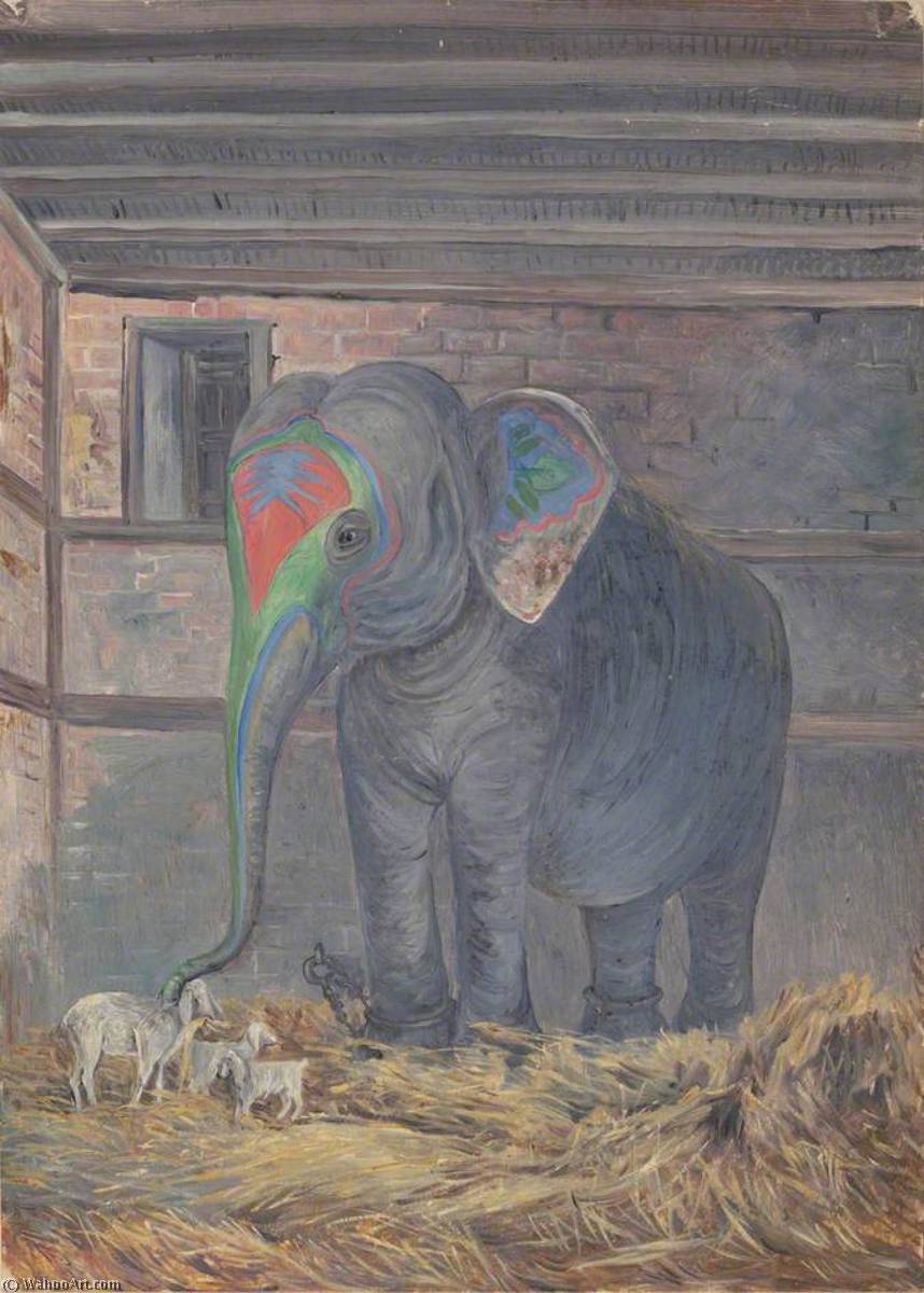 Wikioo.org - The Encyclopedia of Fine Arts - Painting, Artwork by Marianne North - Famous Elephant with Pet Goat, Bhavnagar, Gujarat, India