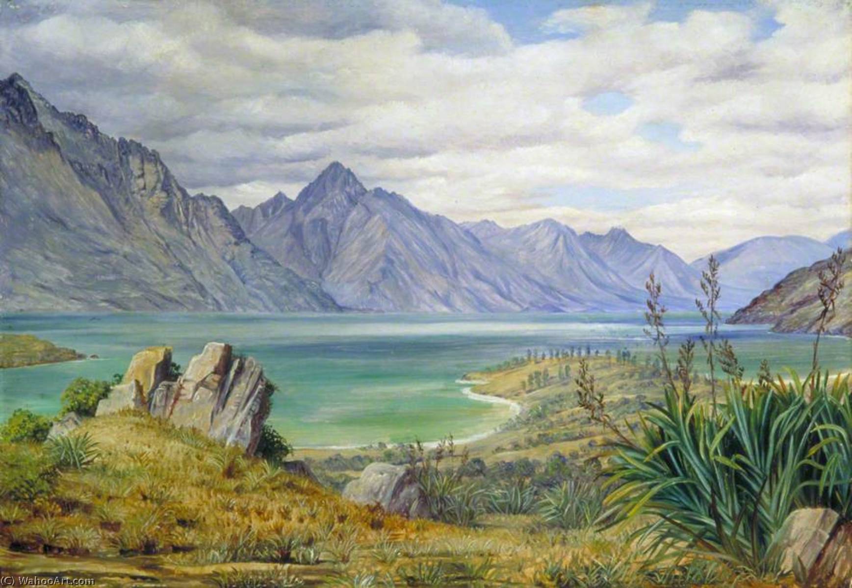 Wikioo.org - The Encyclopedia of Fine Arts - Painting, Artwork by Marianne North - View of Lake Wakatipe, New Zealand (Lake Wakatipu)