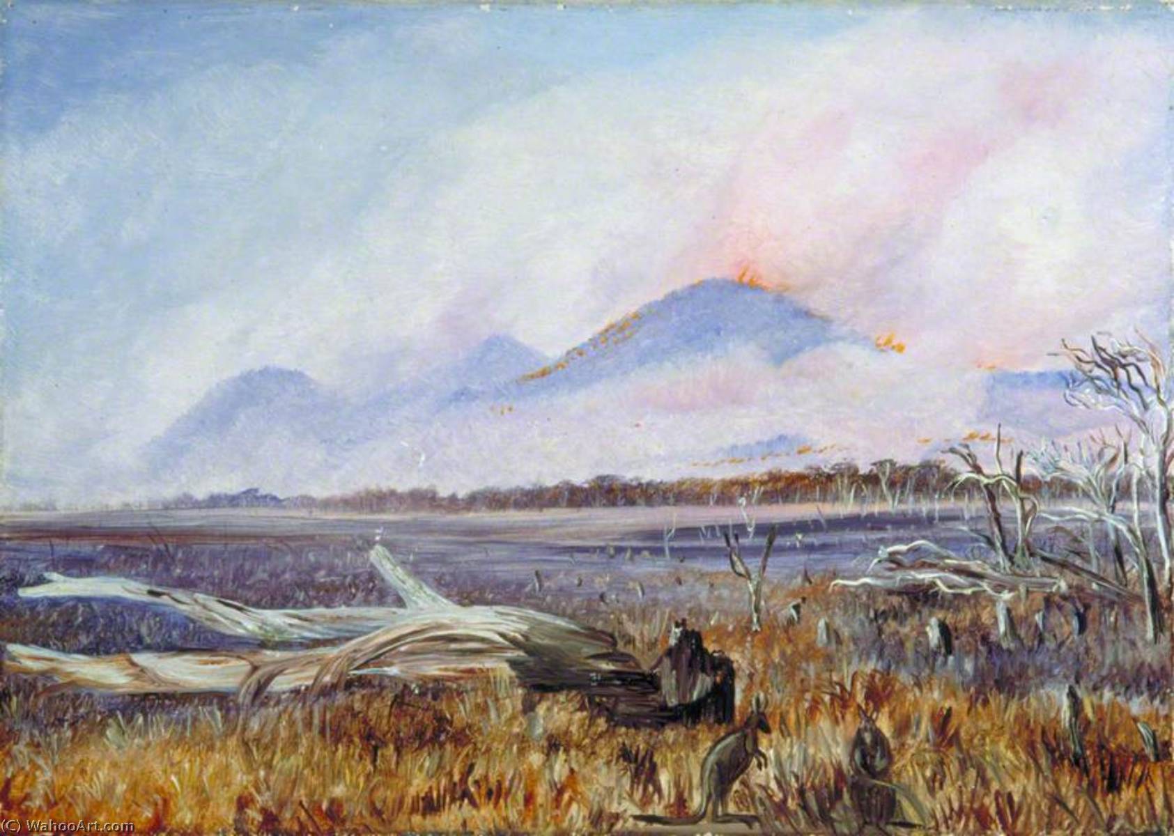 Wikioo.org - The Encyclopedia of Fine Arts - Painting, Artwork by Marianne North - A Bush Fire at Sunset, Queensland