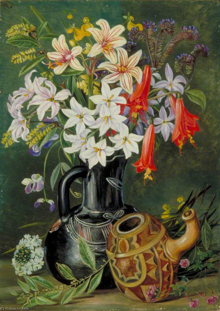 Wikioo.org - The Encyclopedia of Fine Arts - Painting, Artwork by Marianne North - Chilian Lilies and Other Flowers in Black Jug with Ornamented Gourd for Mate