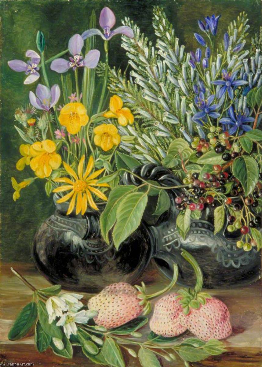 WikiOO.org - Güzel Sanatlar Ansiklopedisi - Resim, Resimler Marianne North - Chilian Flowers in Twin Maté Pot and Chilian Strawberries