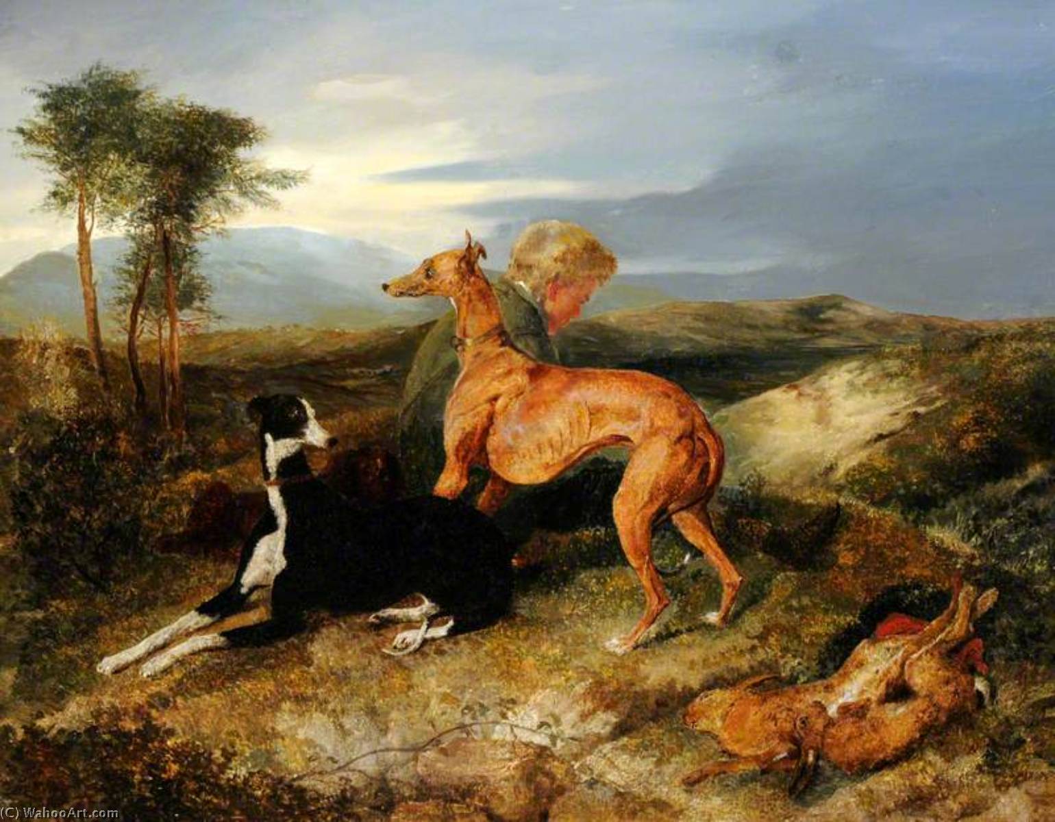 Wikioo.org - The Encyclopedia of Fine Arts - Painting, Artwork by Edwin Henry Landseer - A Boy and Two Greyhounds Resting