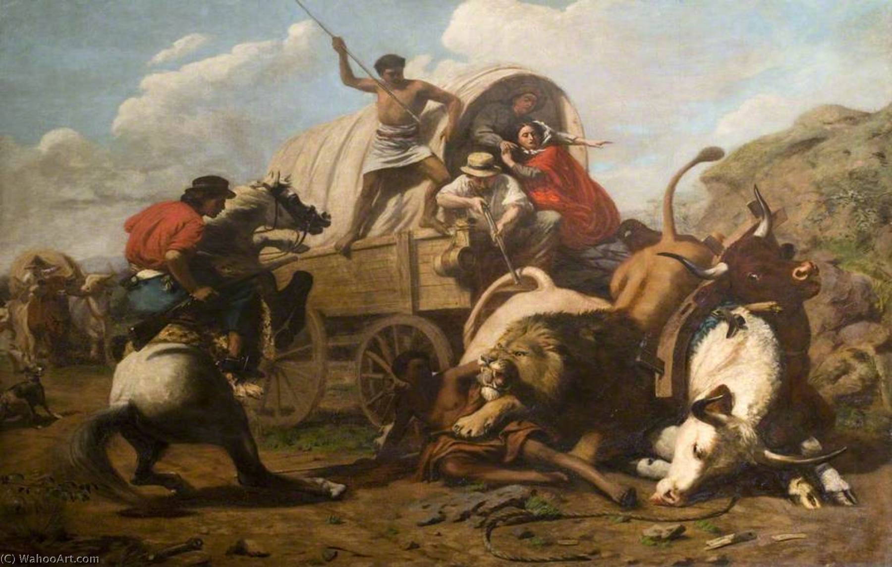 Wikioo.org – La Enciclopedia de las Bellas Artes - Pintura, Obras de arte de Edwin Henry Landseer - Un Toro castrado  tren  atacado  apropósito  Un  León