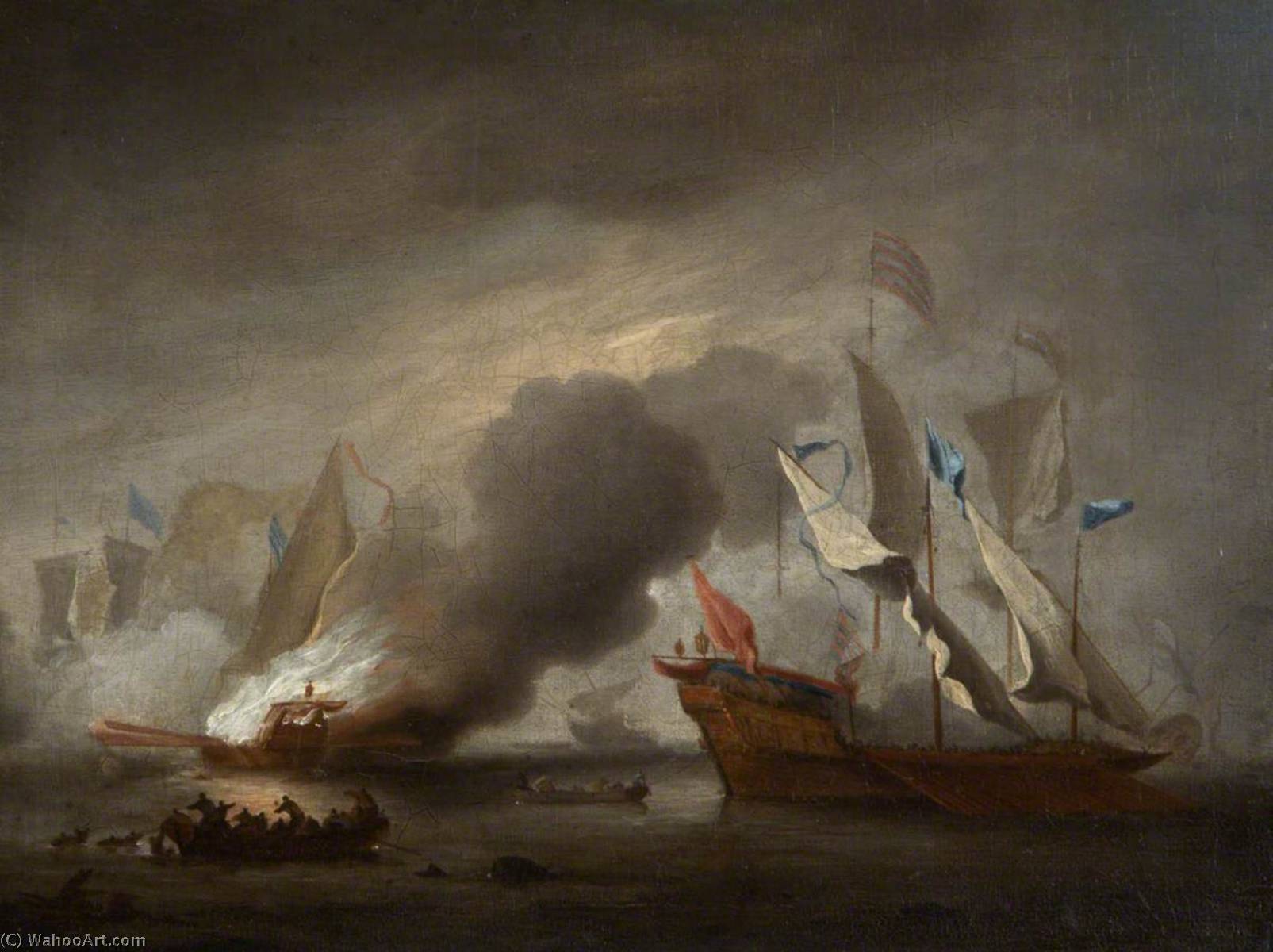 Wikioo.org - The Encyclopedia of Fine Arts - Painting, Artwork by Willem Van De Velde The Elder - A Row Galley on Fire