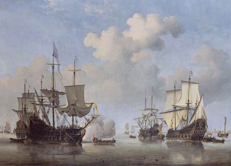 WikiOO.org - Encyclopedia of Fine Arts - Maleri, Artwork Willem Van De Velde The Elder - Calm Dutch Ships Coming to Anchor