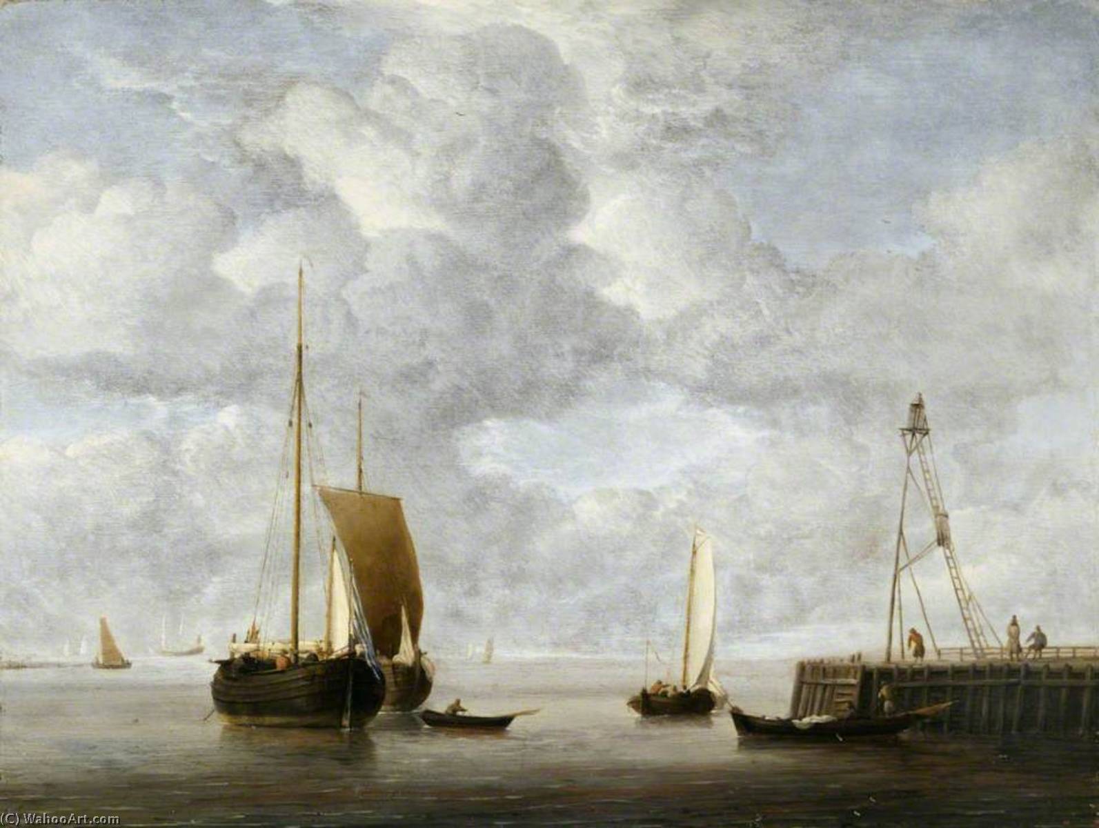 Wikioo.org - The Encyclopedia of Fine Arts - Painting, Artwork by Willem Van De Velde The Elder - A Dutch Hoeker at Anchor near a Pier