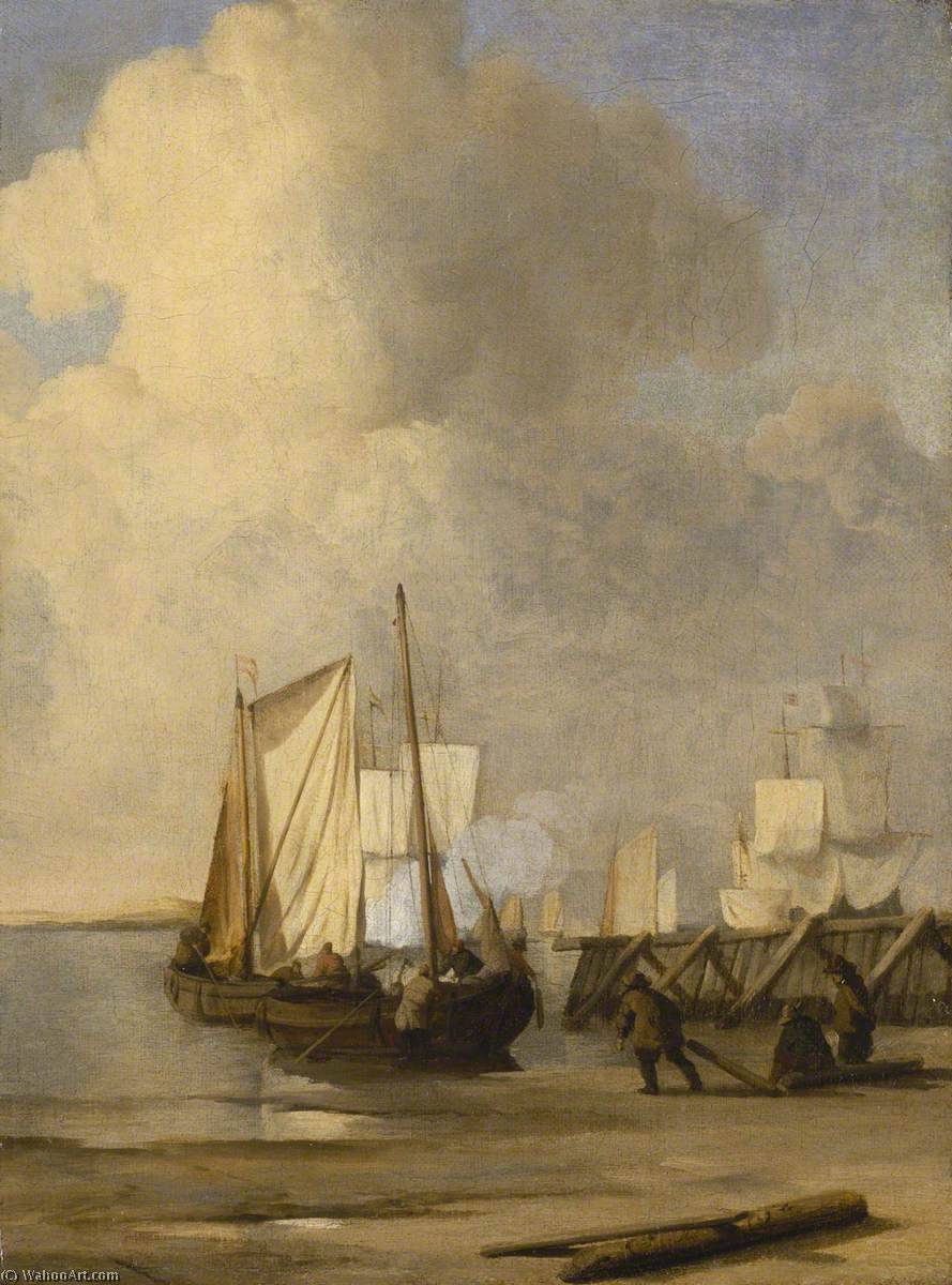Wikioo.org - The Encyclopedia of Fine Arts - Painting, Artwork by Willem Van De Velde The Elder - A Kaag Coming Ashore Near a Groyne with Ships and Vessels Under Sail Beyond