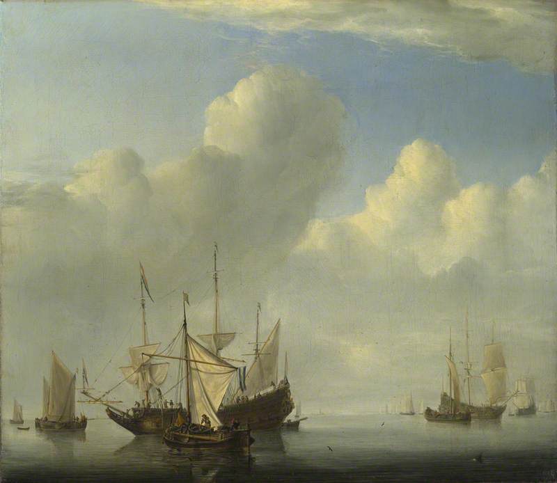 Wikioo.org - The Encyclopedia of Fine Arts - Painting, Artwork by Willem Van De Velde The Elder - Calm A Dutch Ship coming to Anchor and Another under Sail