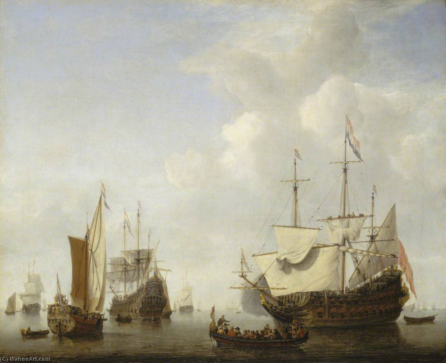 Wikioo.org - The Encyclopedia of Fine Arts - Painting, Artwork by Willem Van De Velde The Elder - A Dutch Flagship Coming to Anchor with a States Yacht Before a Light Air
