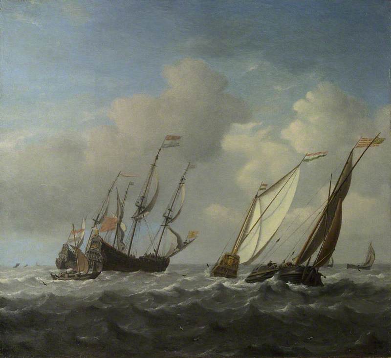 Wikioo.org - The Encyclopedia of Fine Arts - Painting, Artwork by Willem Van De Velde The Elder - A Dutch Ship, a Yacht and Smaller Vessels in a Breeze