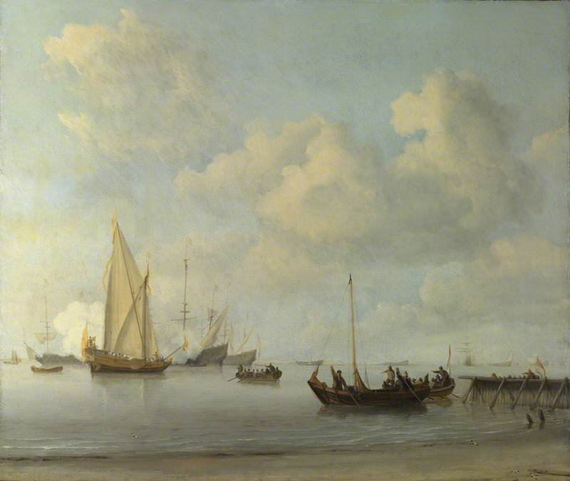 WikiOO.org - אנציקלופדיה לאמנויות יפות - ציור, יצירות אמנות Willem Van De Velde The Elder - Boats pulling out to a Yacht in a Calm
