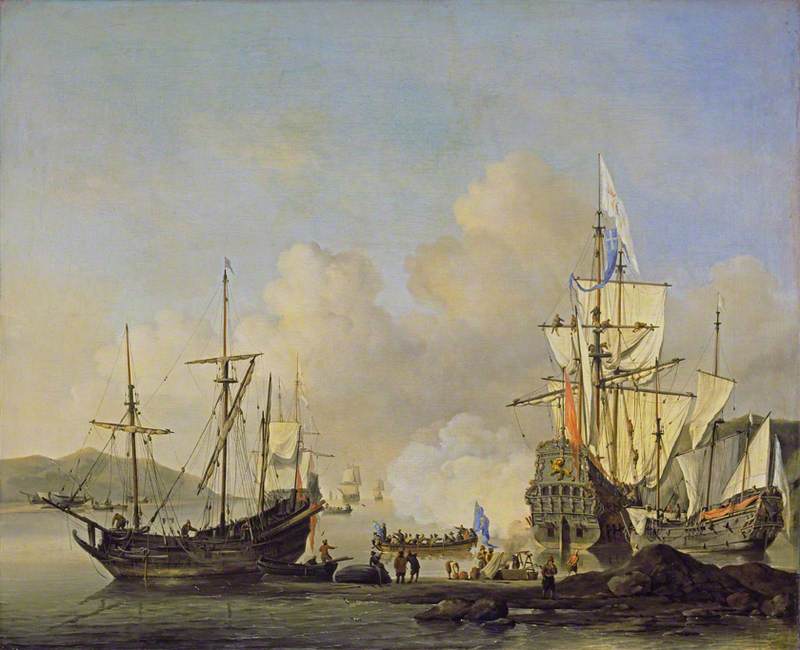 Wikioo.org - The Encyclopedia of Fine Arts - Painting, Artwork by Willem Van De Velde The Elder - Calm French Merchant Ships at Anchor