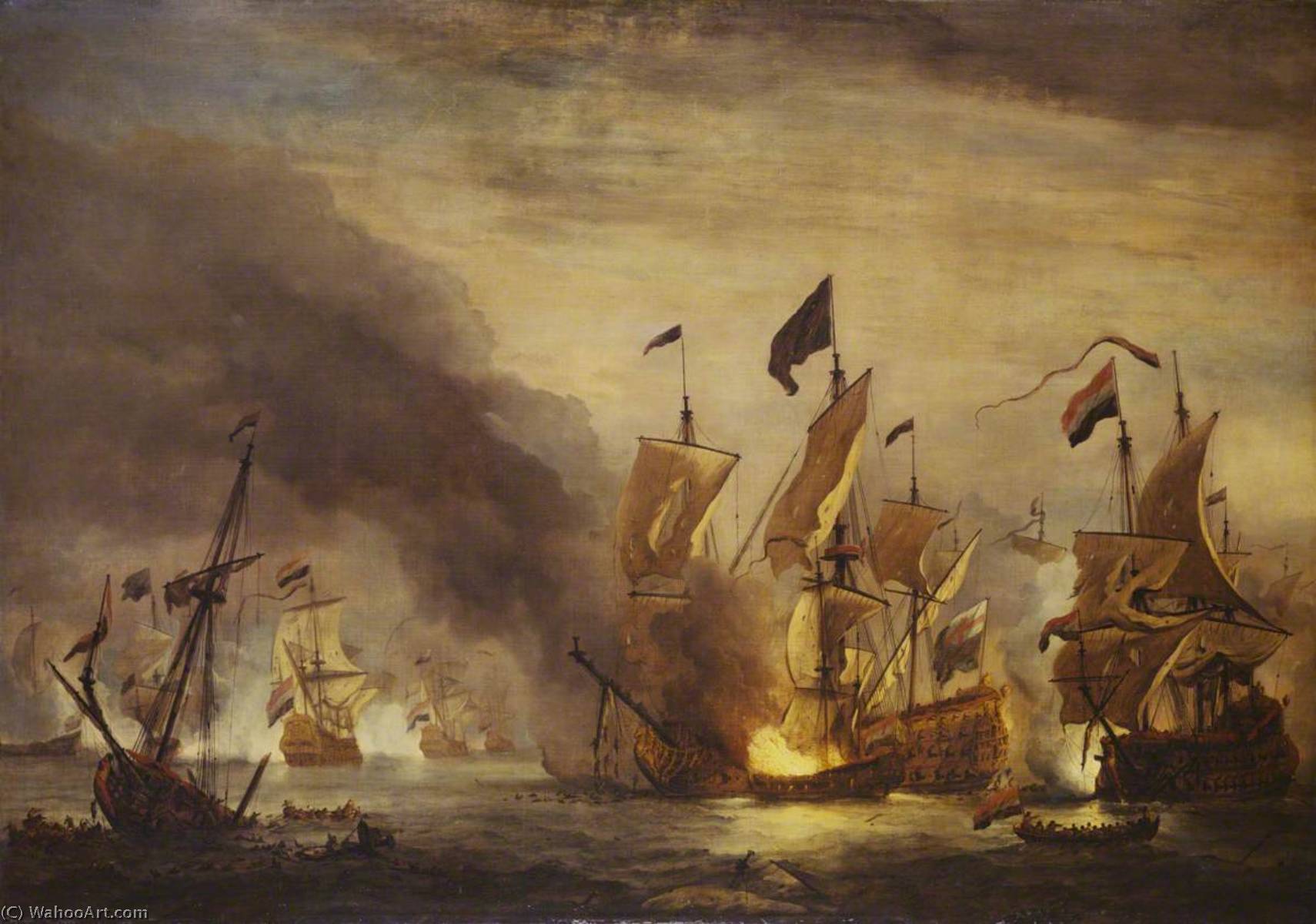 Wikioo.org - The Encyclopedia of Fine Arts - Painting, Artwork by Willem Van De Velde The Elder - The Burning of HMS 'Royal James' at the Battle of Solebay, 28 May 1672