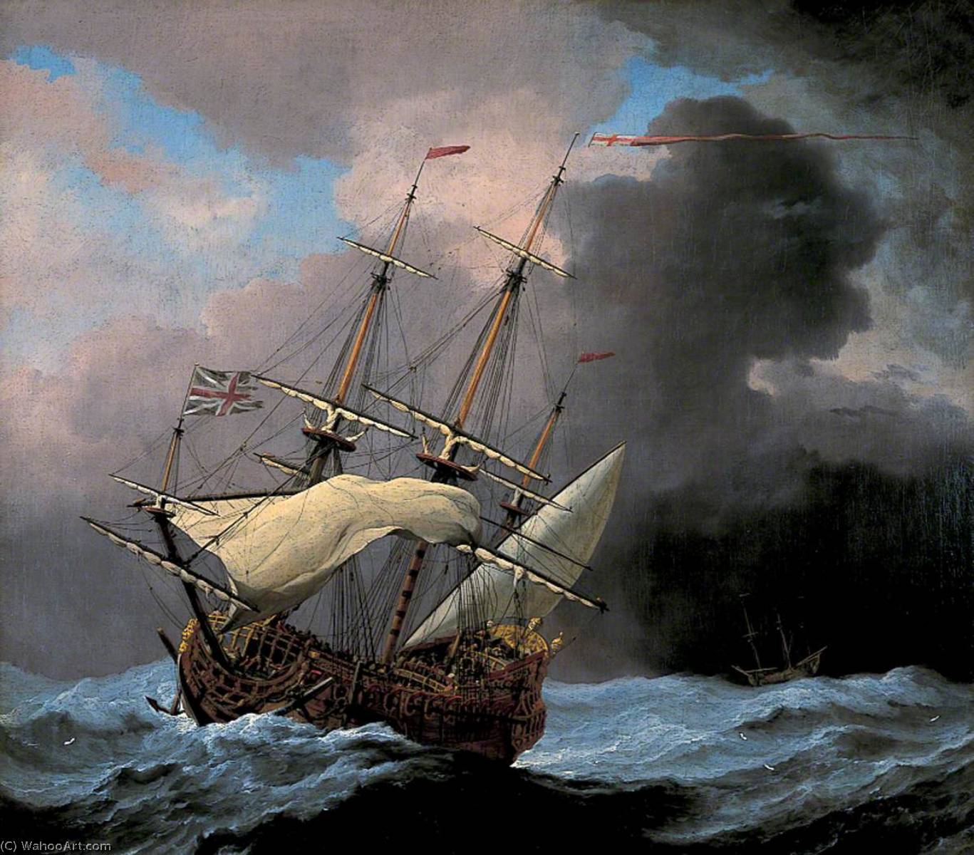 Wikioo.org - The Encyclopedia of Fine Arts - Painting, Artwork by Willem Van De Velde The Elder - The English Ship 'Hampton Court' in a Gale
