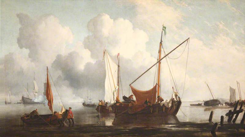 Wikioo.org - The Encyclopedia of Fine Arts - Painting, Artwork by Willem Van De Velde The Elder - A Calm A Kaag near the Shore with Other Vessels