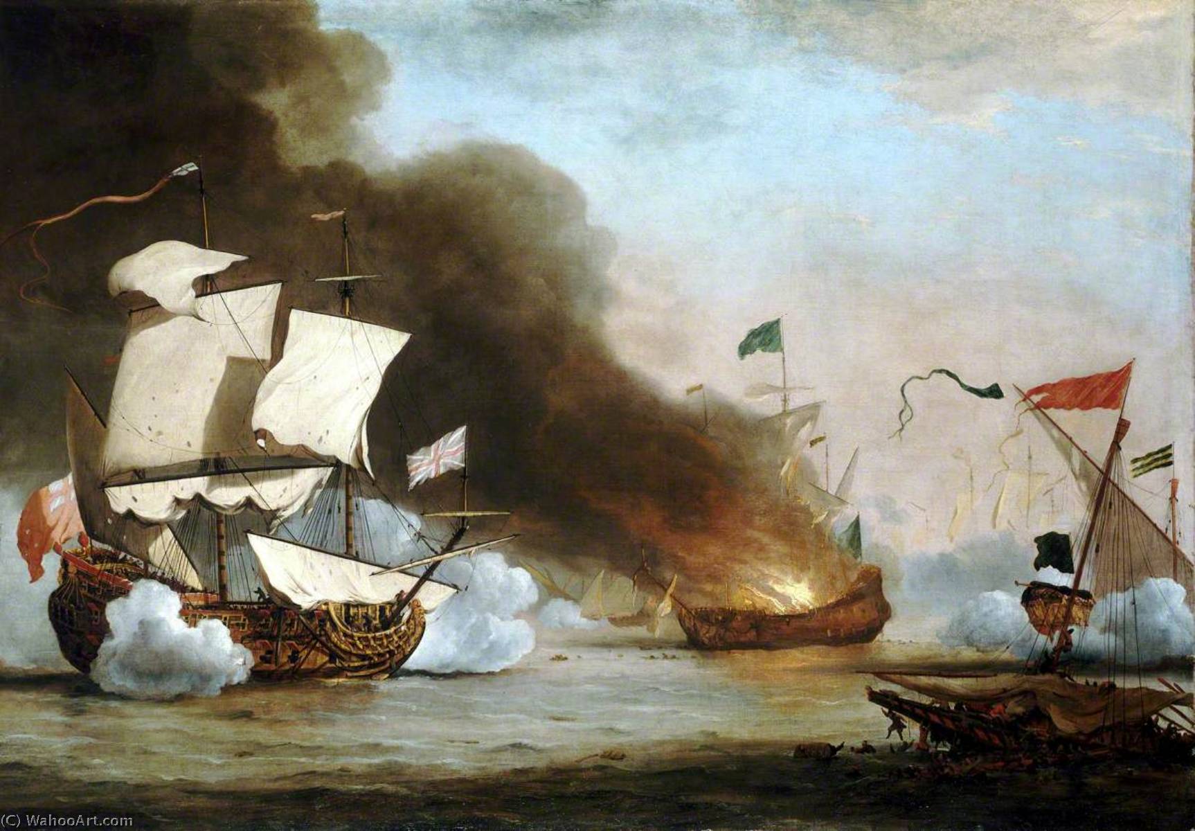 WikiOO.org - אנציקלופדיה לאמנויות יפות - ציור, יצירות אמנות Willem Van De Velde The Elder - An English Ship in Action with Barbary Corsairs, c.1680