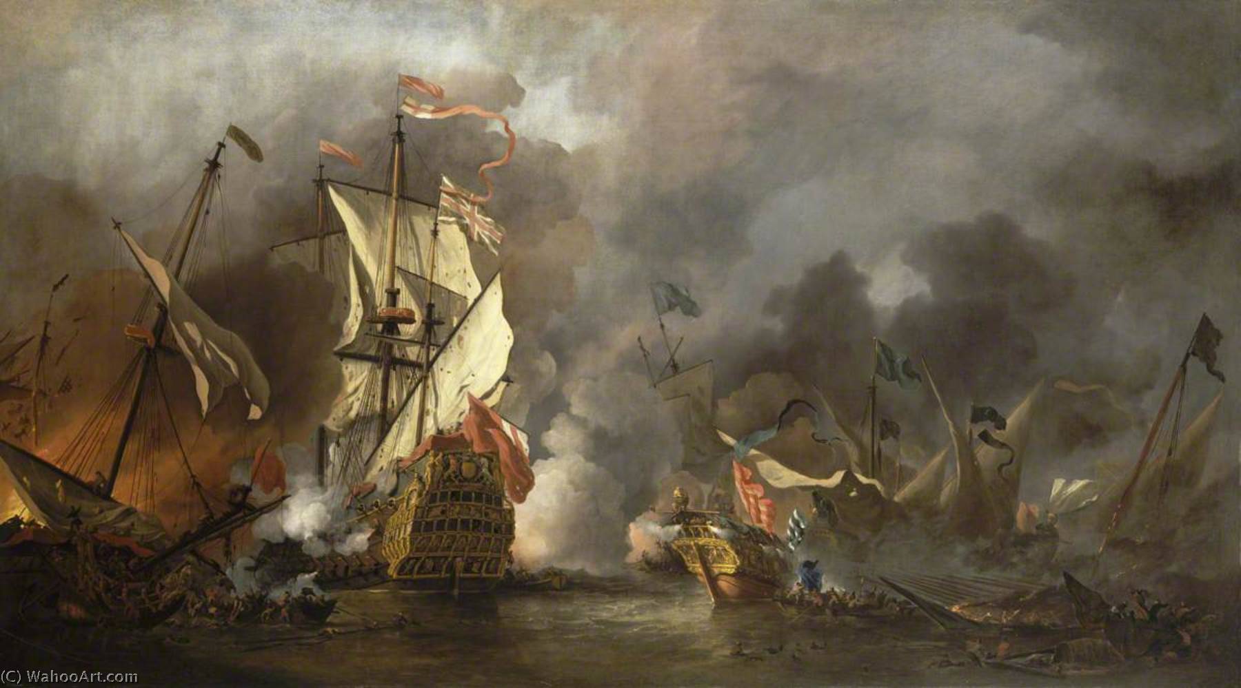 Wikioo.org - The Encyclopedia of Fine Arts - Painting, Artwork by Willem Van De Velde The Elder - An English Ship in Action with Barbary Vessels