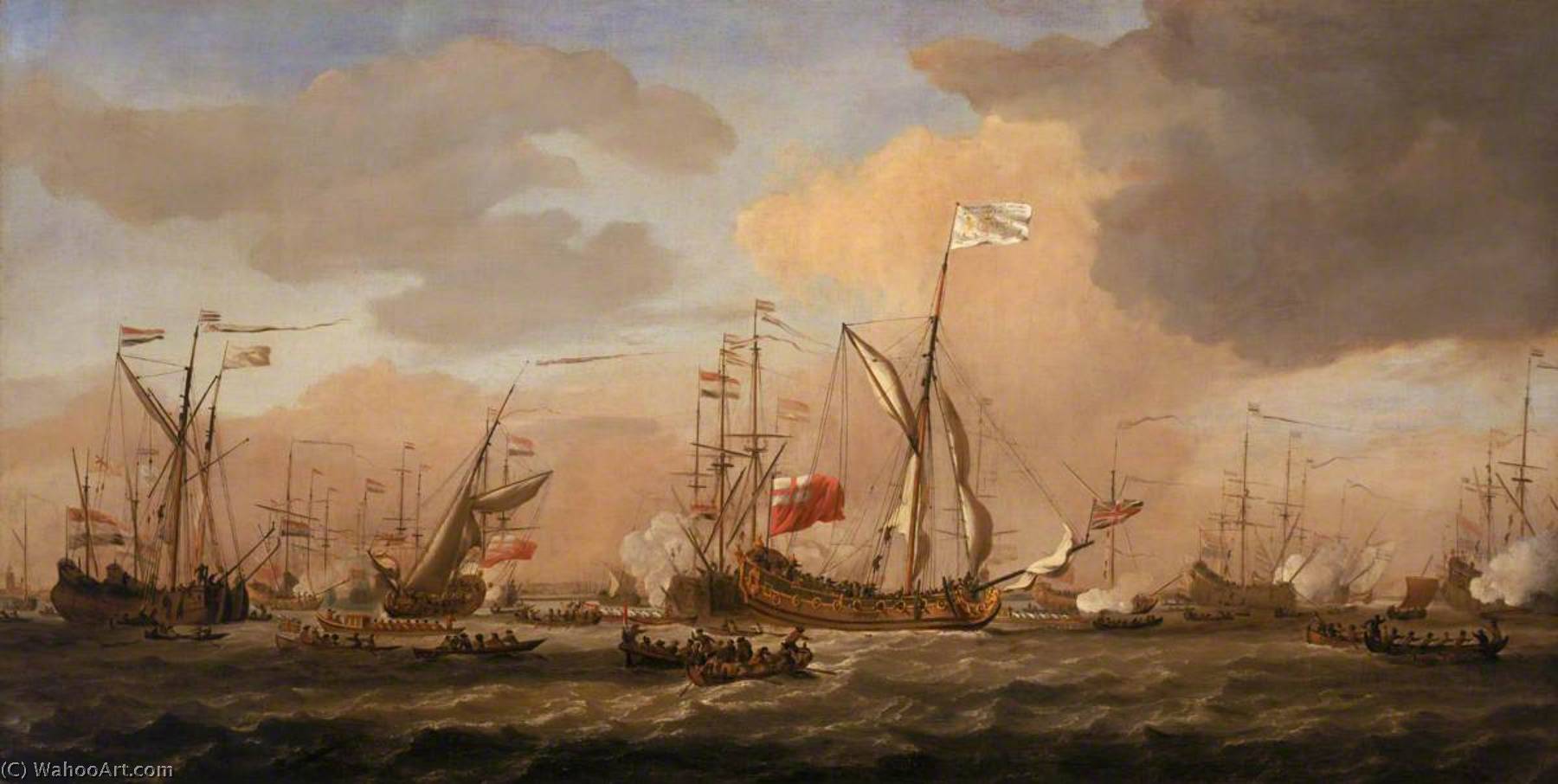 Wikioo.org - The Encyclopedia of Fine Arts - Painting, Artwork by Willem Van De Velde The Elder - The 'Mary', Yacht, Arriving with Princess Mary at Gravesend in a Fresh Breeze, 12 February 1689