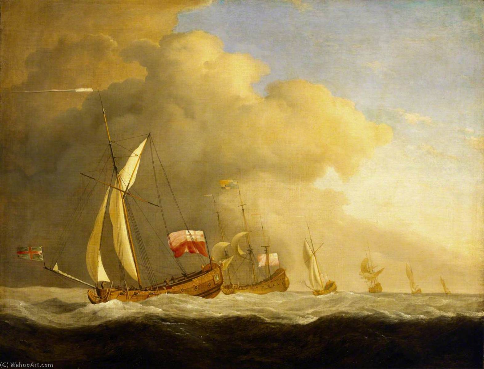WikiOO.org – 美術百科全書 - 繪畫，作品 Willem Van De Velde The Elder - 英语 王室的 游艇 在 海 ,  在 强大 风 在 公司 用 船 飞行 皇家 标准