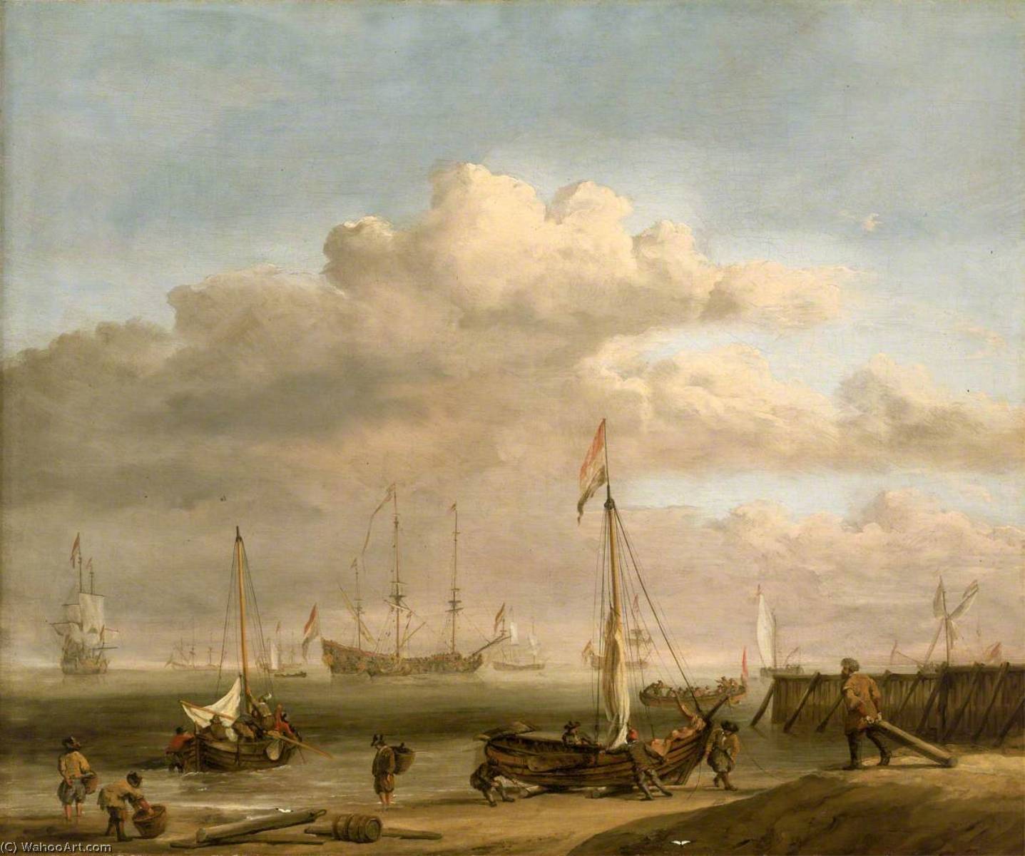 Wikioo.org - The Encyclopedia of Fine Arts - Painting, Artwork by Willem Van De Velde The Elder - The Dutch Coast With a Weyschuit Being Launched and Another Vessel Pushing off From the Shore