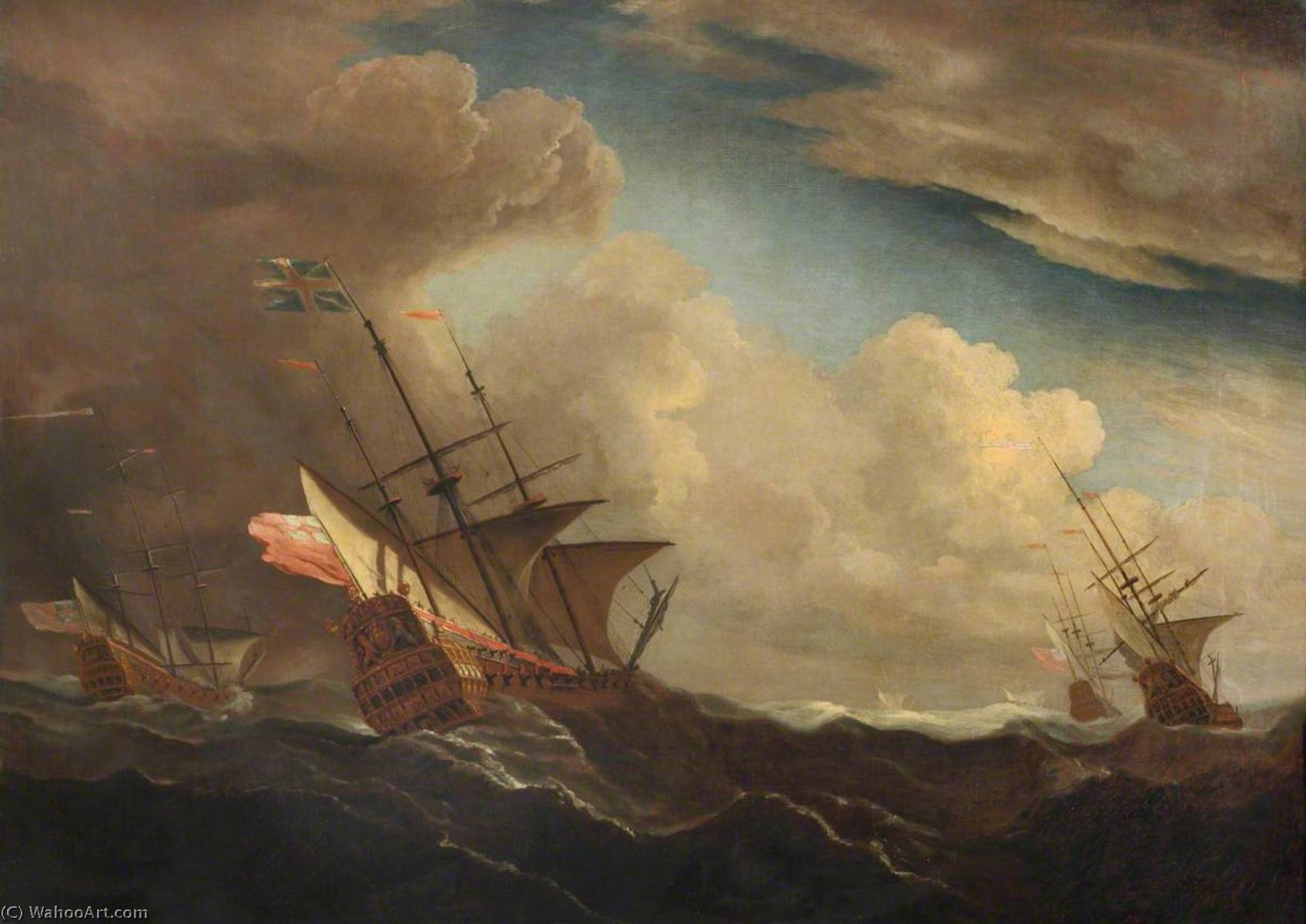 Wikioo.org - The Encyclopedia of Fine Arts - Painting, Artwork by Willem Van De Velde The Elder - English Ships at Sea Beating to Windward in a Gale