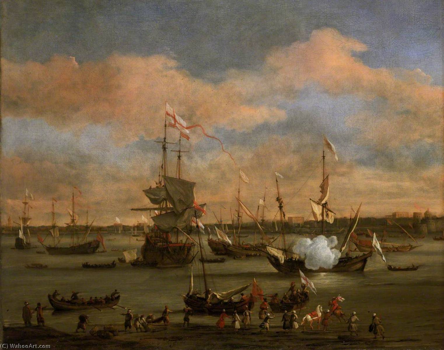 Wikioo.org - The Encyclopedia of Fine Arts - Painting, Artwork by Willem Van De Velde The Elder - An English Merchant Ship in a Mediterranean Harbour in a Light Breeze with Many Other Vessels
