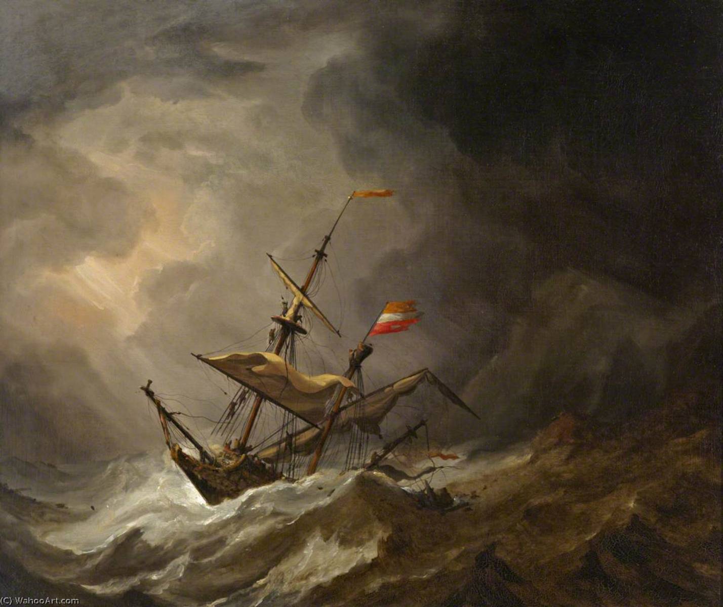 Wikioo.org - The Encyclopedia of Fine Arts - Painting, Artwork by Willem Van De Velde The Elder - A Mediterranean Brigantine Drifting onto a Rocky Coast in a Storm