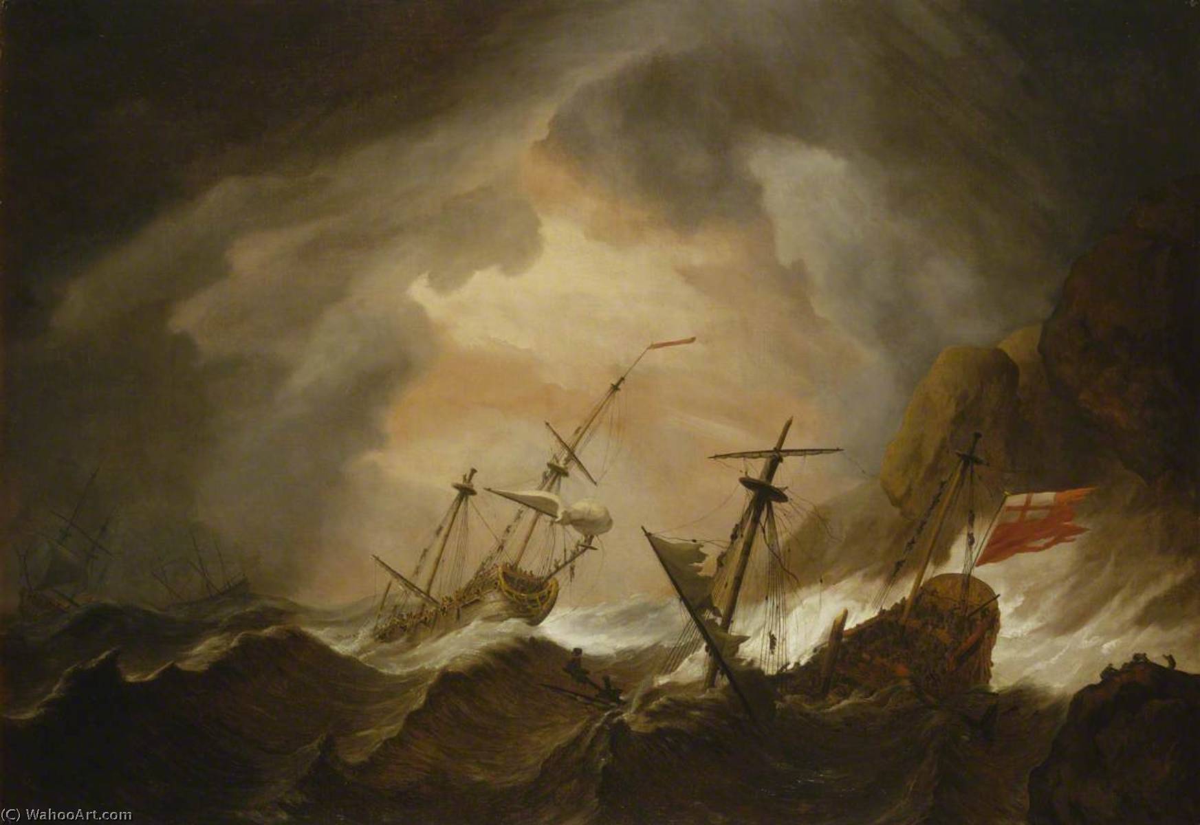Wikioo.org - The Encyclopedia of Fine Arts - Painting, Artwork by Willem Van De Velde The Elder - Two English Ships Wrecked in a Storm on a Rocky Coast