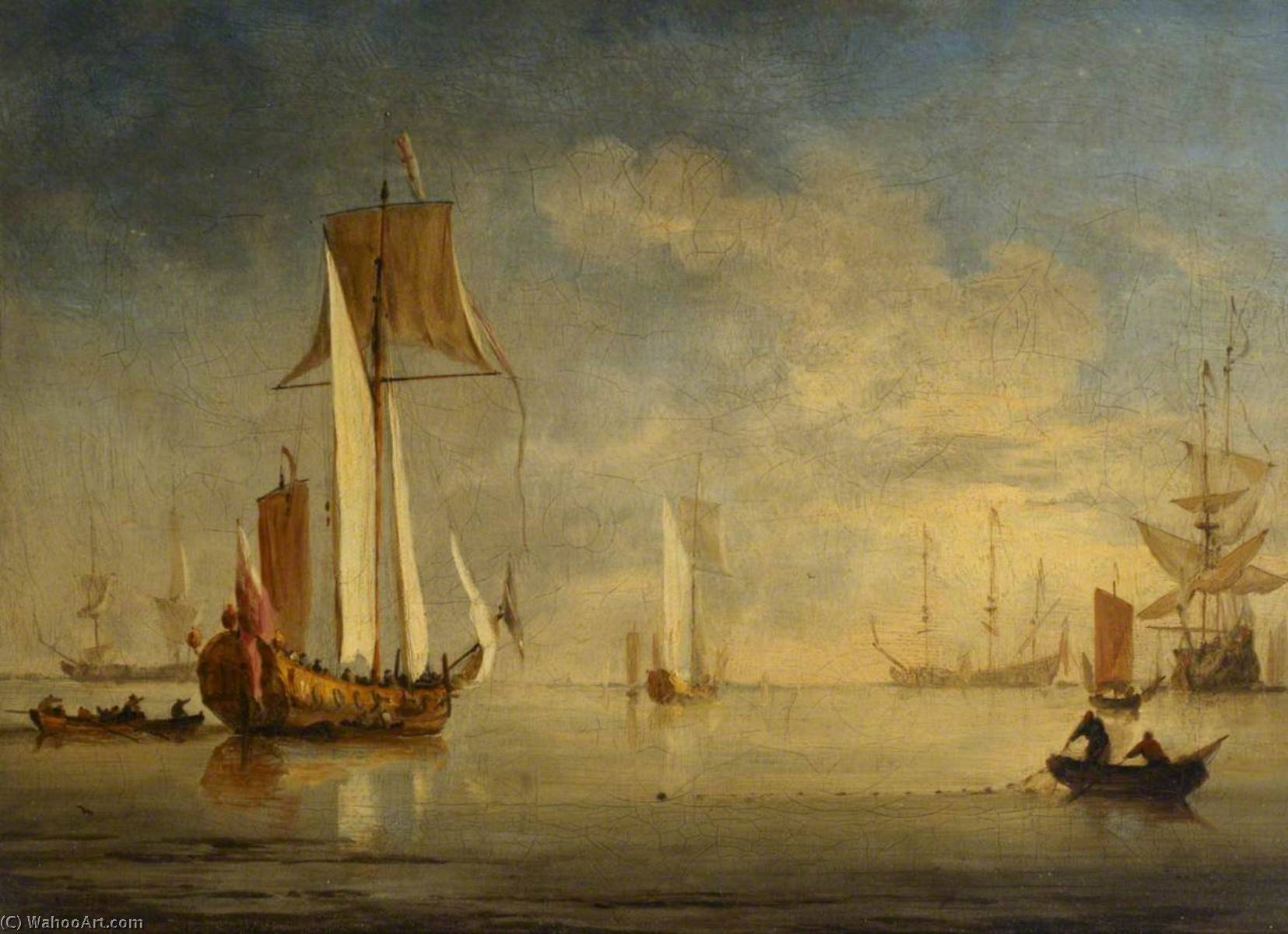 Wikioo.org - The Encyclopedia of Fine Arts - Painting, Artwork by Willem Van De Velde The Elder - An English Royal Yacht Under Sail with a Fishing Boat Laying a Net