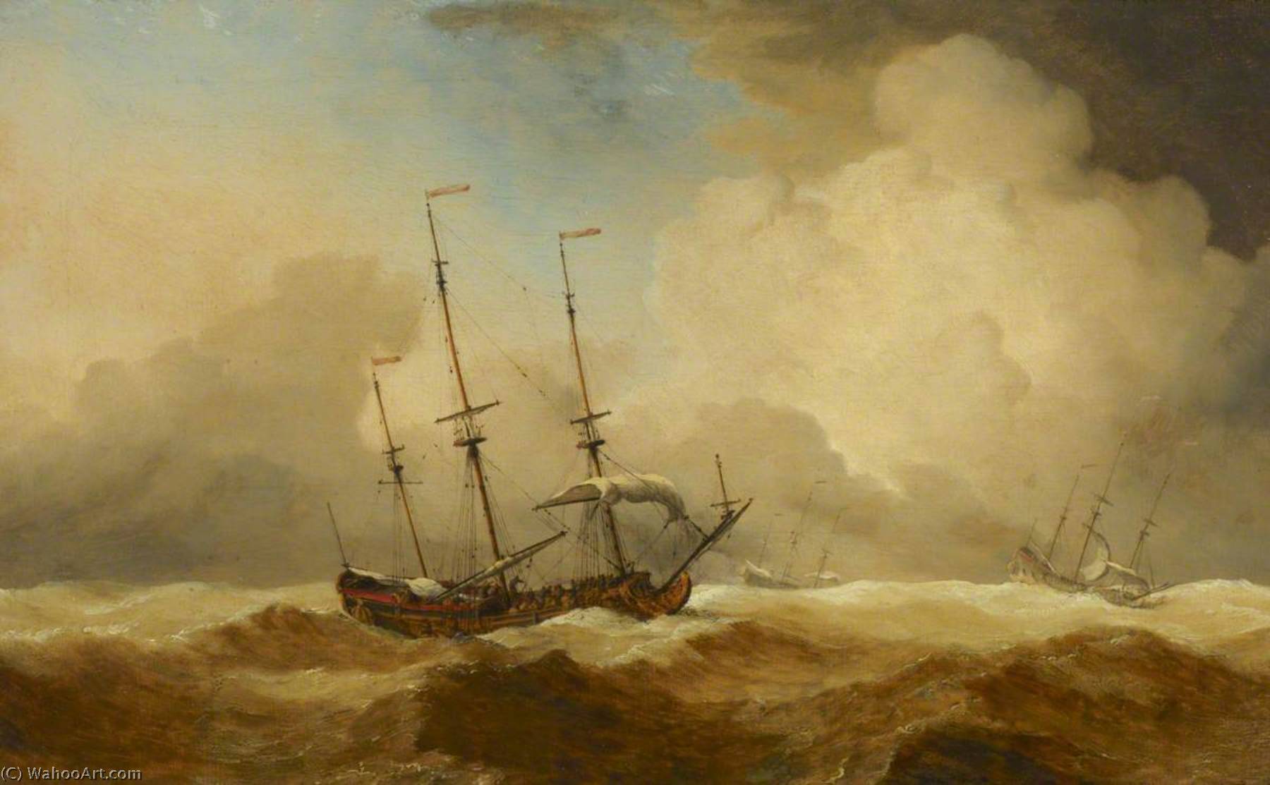 WikiOO.org – 美術百科全書 - 繪畫，作品 Willem Van De Velde The Elder - 英语 船舶  在  大海  运行  之前  一个  大风