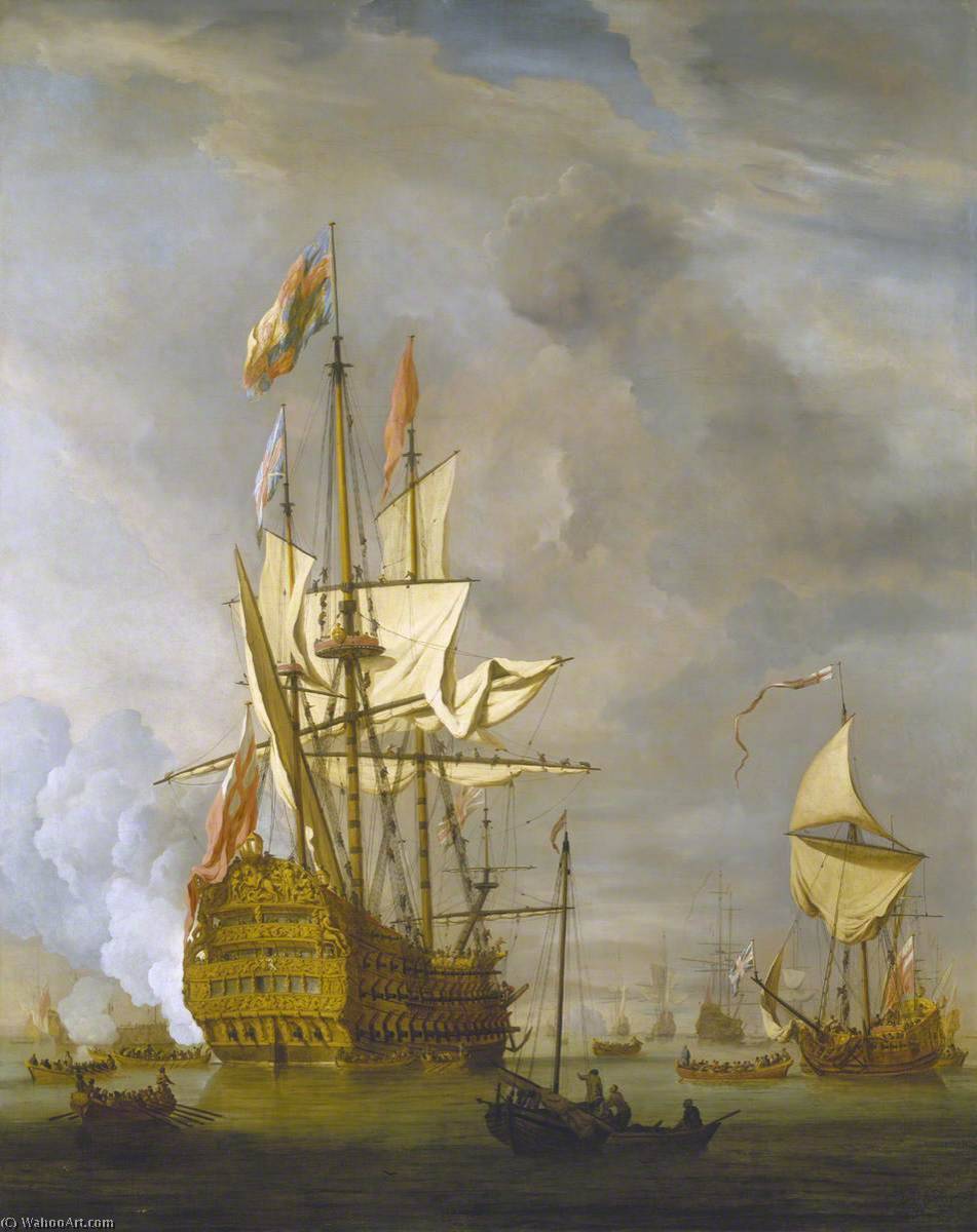 Wikioo.org - The Encyclopedia of Fine Arts - Painting, Artwork by Willem Van De Velde The Elder - The English Ship 'Royal Sovereign' with a Royal Yacht in a Light Air