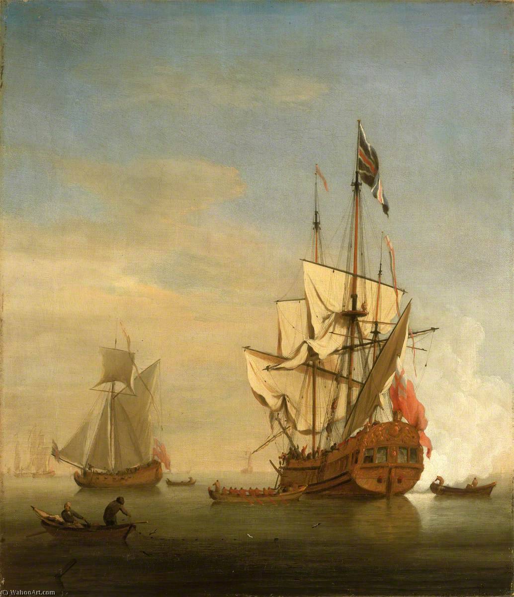 Wikioo.org - The Encyclopedia of Fine Arts - Painting, Artwork by Willem Van De Velde The Elder - An English Sixth Rate Ship Firing a Salute as a Barge Leaves A Royal Yacht Nearby