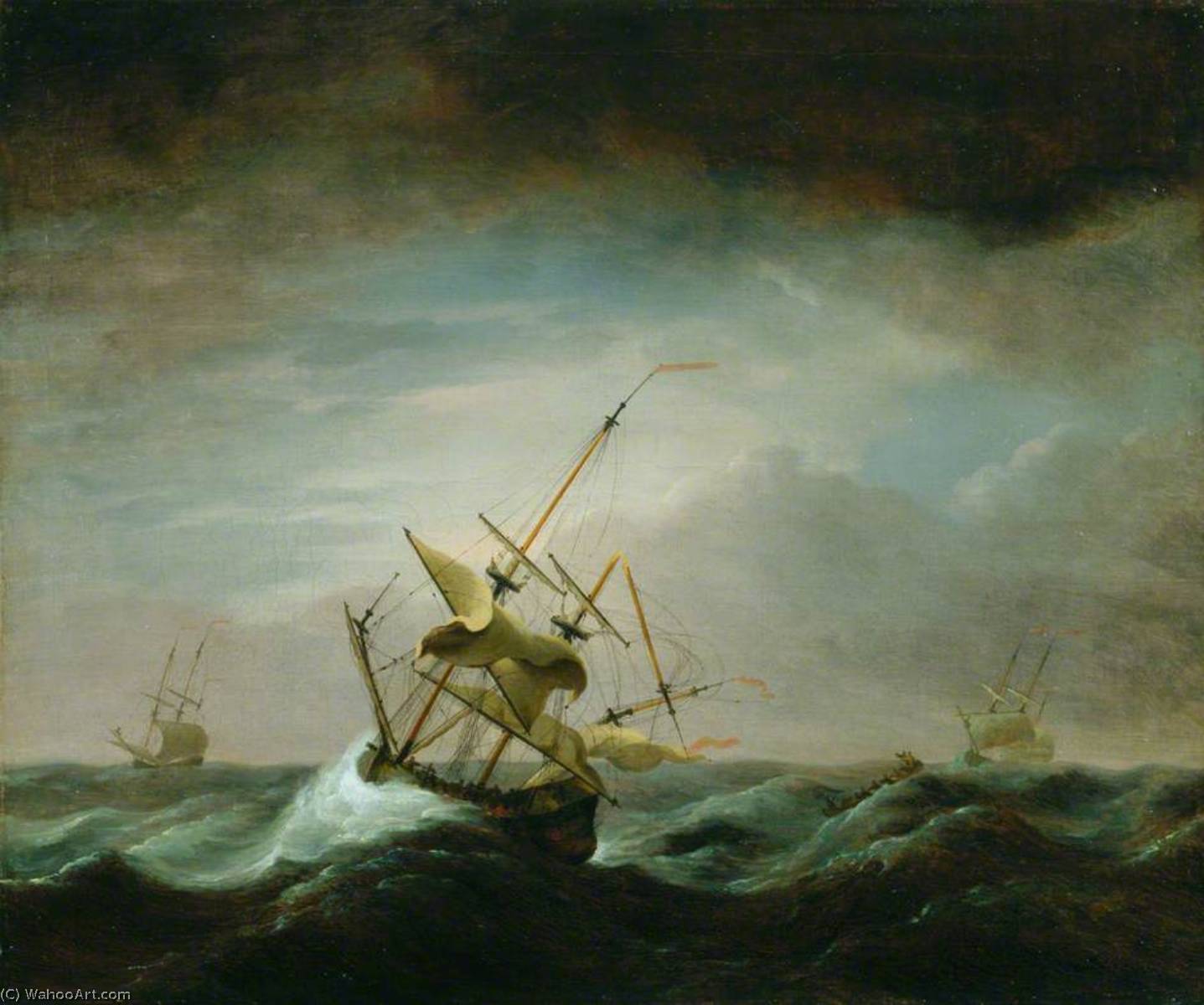 Wikioo.org - The Encyclopedia of Fine Arts - Painting, Artwork by Willem Van De Velde The Elder - Dismasted Ship in Rough Sea