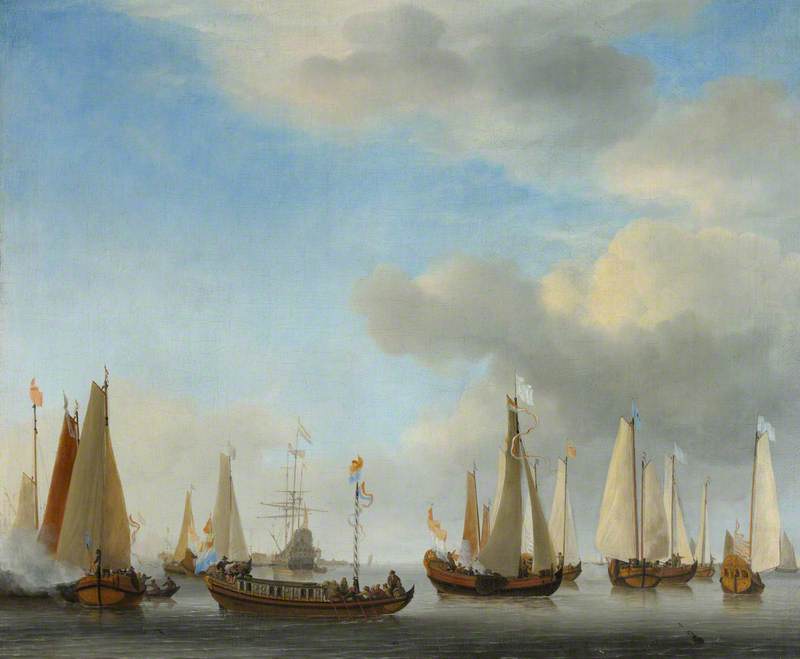 Wikioo.org - The Encyclopedia of Fine Arts - Painting, Artwork by Willem Van De Velde The Elder - A Dutch State Barge under Oars with Bezan Yachts under Sail