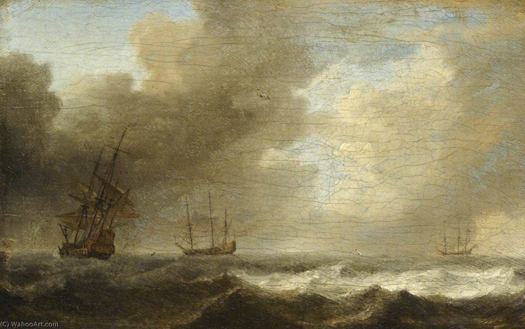 Wikioo.org - The Encyclopedia of Fine Arts - Painting, Artwork by Willem Van De Velde The Elder - A Dutch Ship Lying To in a Strong Breeze