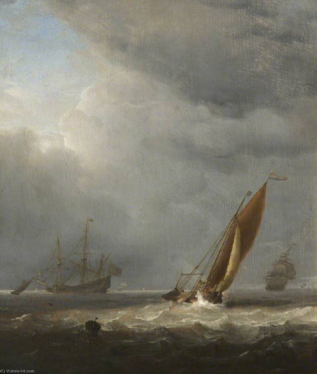 WikiOO.org - Enciclopédia das Belas Artes - Pintura, Arte por Willem Van De Velde The Elder - Shipping Scene A Breeze