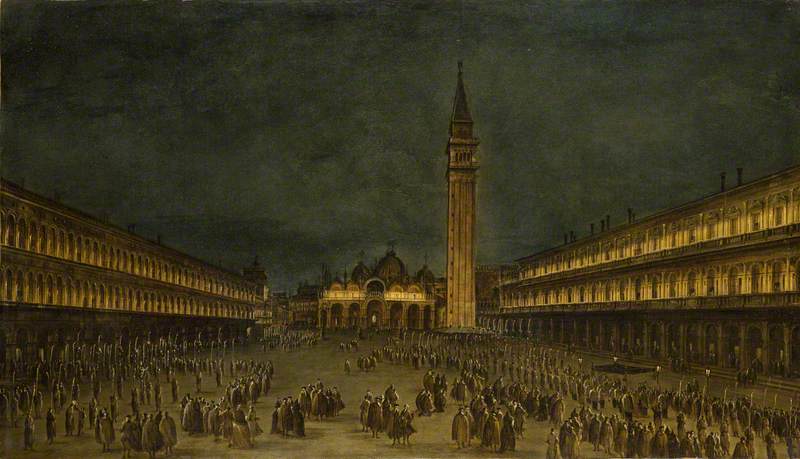 Wikioo.org - The Encyclopedia of Fine Arts - Painting, Artwork by Francesco Lazzaro Guardi - A Night Procession in the Piazza San Marco