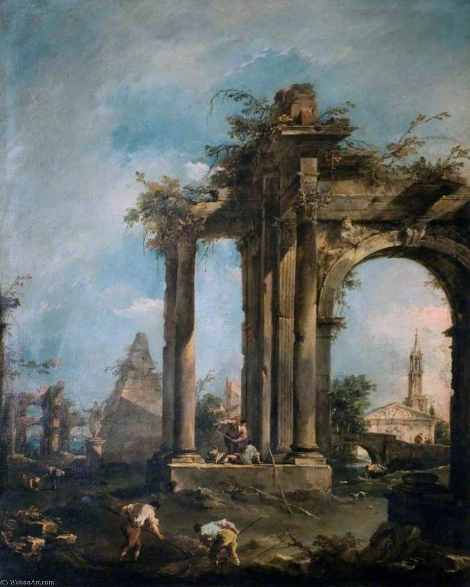 Wikioo.org - The Encyclopedia of Fine Arts - Painting, Artwork by Francesco Lazzaro Guardi - Capriccio with Ruins and Figures