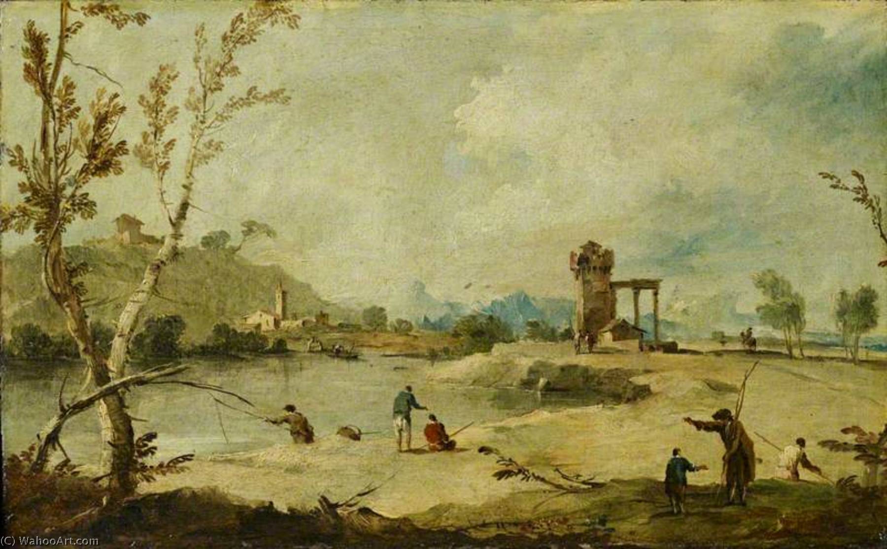 Wikioo.org - The Encyclopedia of Fine Arts - Painting, Artwork by Francesco Lazzaro Guardi - River Landscape with a Ruined Tower and a Distant Village