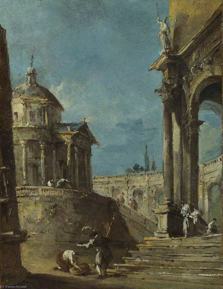 Wikioo.org - The Encyclopedia of Fine Arts - Painting, Artwork by Francesco Lazzaro Guardi - An Architectural Caprice with a Palladian Style Building