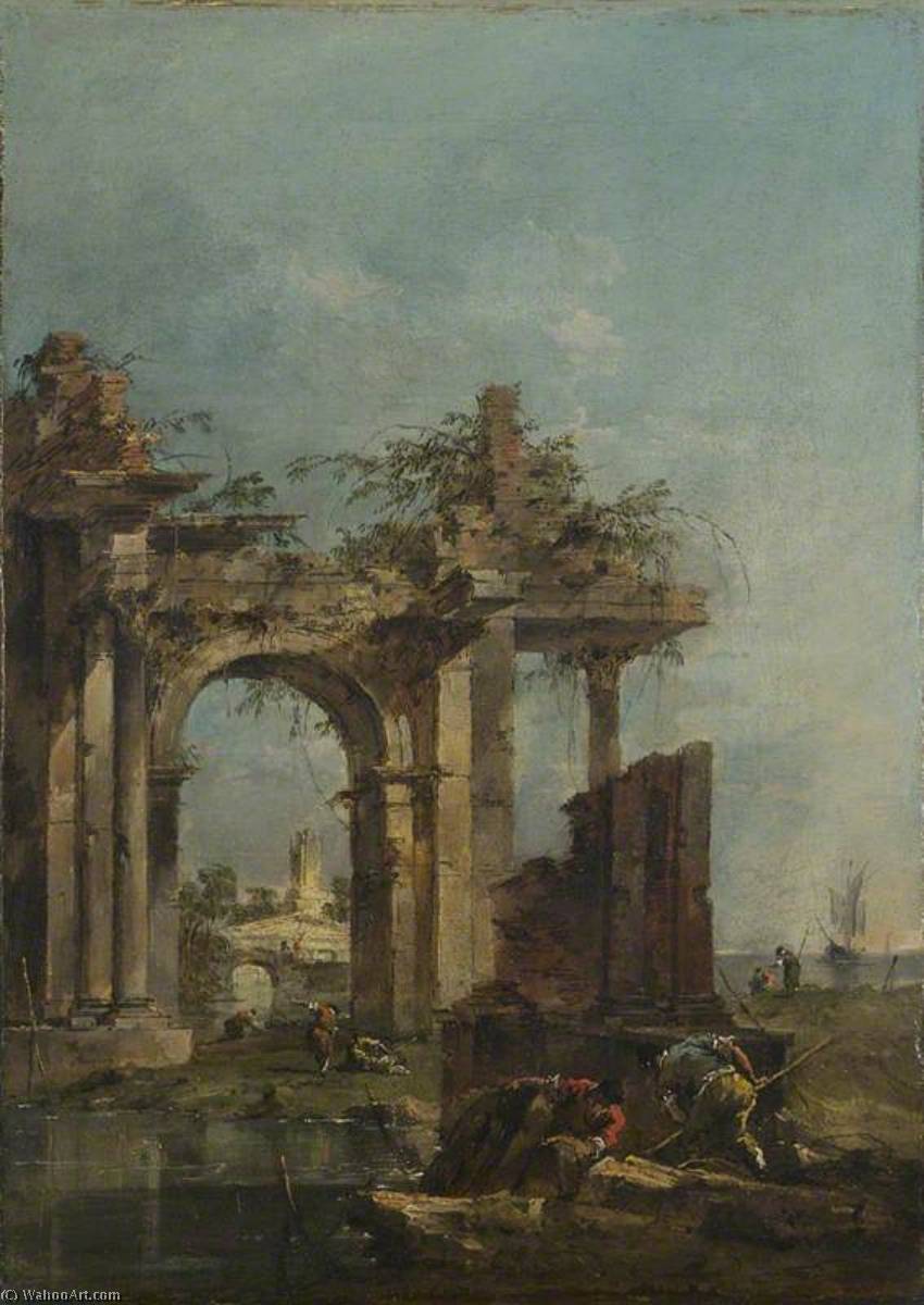 Wikioo.org - The Encyclopedia of Fine Arts - Painting, Artwork by Francesco Lazzaro Guardi - A Caprice with Ruins on the Seashore