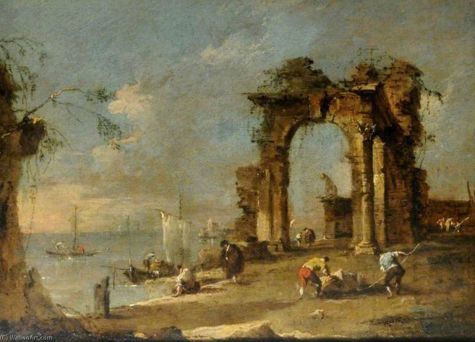 Wikioo.org - The Encyclopedia of Fine Arts - Painting, Artwork by Francesco Lazzaro Guardi - Capriccio with a Ruined Archway by the Banks of a Lagoon