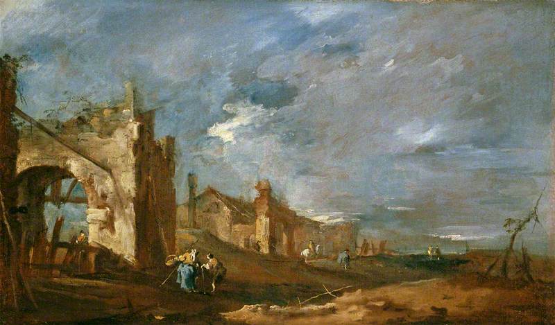 Wikioo.org - The Encyclopedia of Fine Arts - Painting, Artwork by Francesco Lazzaro Guardi - Ruined Buildings and Figures at the Edge of the Lagoon
