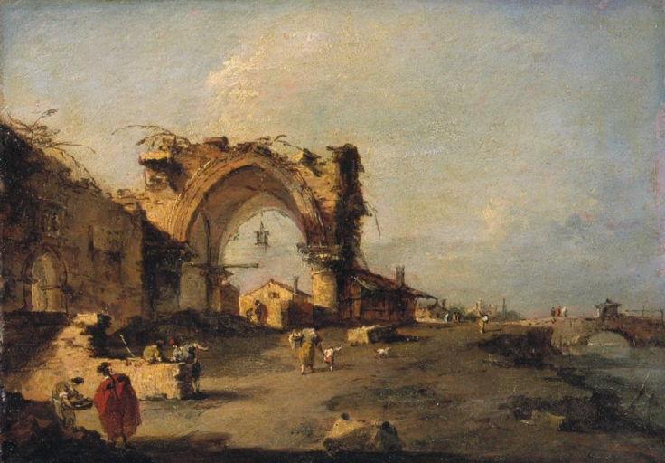 Wikioo.org - The Encyclopedia of Fine Arts - Painting, Artwork by Francesco Lazzaro Guardi - Vue d'une bourgade avec un pont et une porte gothique monumentale en ruine