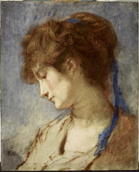 WikiOO.org - Encyclopedia of Fine Arts - Malba, Artwork Thomas Couture - Tête de femme, ruban bleu