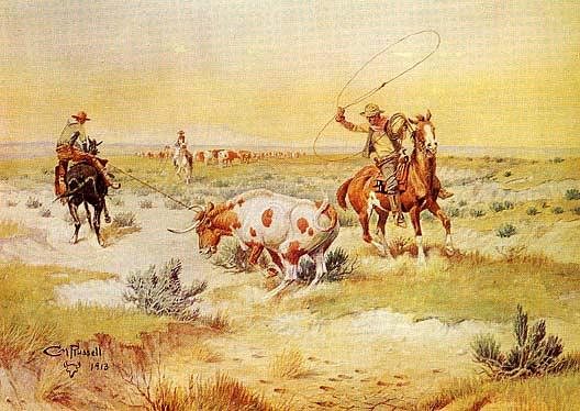 Wikioo.org - The Encyclopedia of Fine Arts - Painting, Artwork by Charles Marion Russell - Lassoing a Longhorn, (painting)