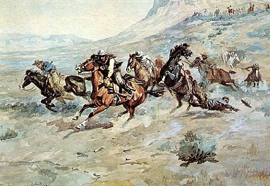 Wikioo.org - The Encyclopedia of Fine Arts - Painting, Artwork by Charles Marion Russell - Surprise Attack, (painting)