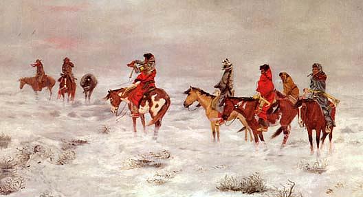 Wikioo.org - The Encyclopedia of Fine Arts - Painting, Artwork by Charles Marion Russell - Lost in a Snowstorm We Are Friends, (painting)